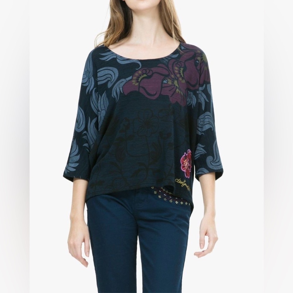 Desigual knit top floral unique art to wear teacher different 3/4 sleeve sz M